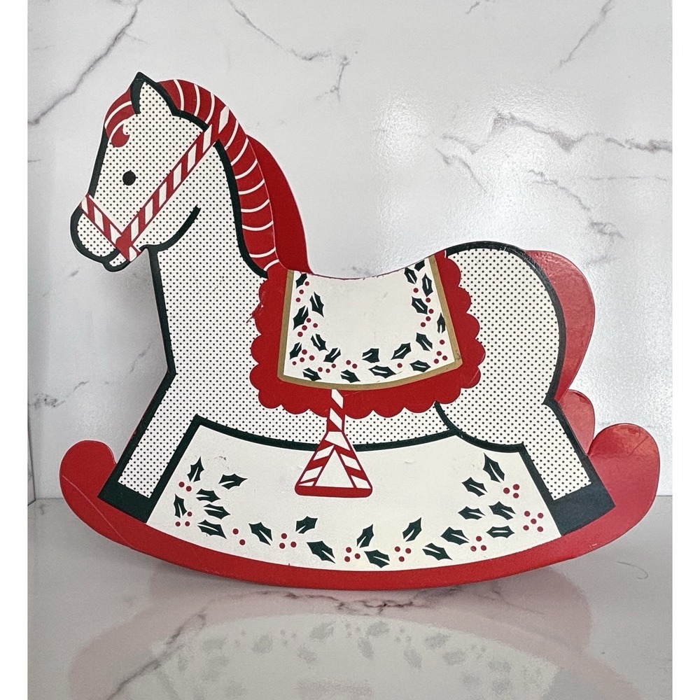 Christmas Rocking Horse Centerpiece/Planter/Card Holder Metal Holly 1985